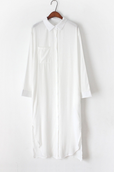 Lapel Collar Button Placket Long Sleeve Plain Split Side Maxi Shirt Dress