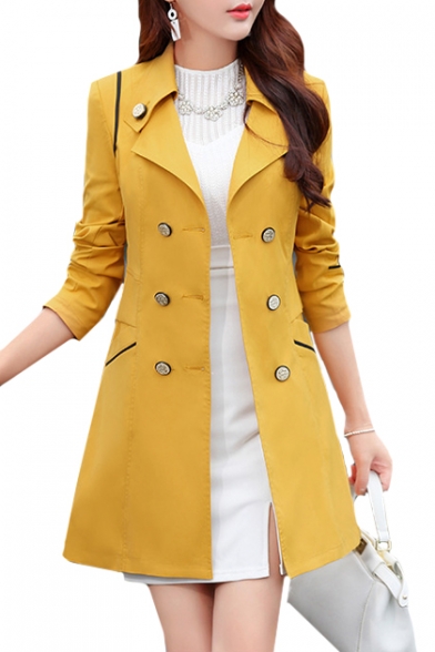 Notched Lapel Collar Double Breasted Long Sleeve Plain Trench Coat