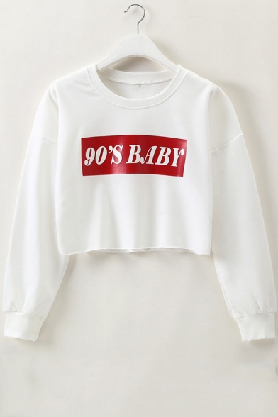 90'S BABY Letter Print Round Neck Long Sleeve Cropped Sweatshirt