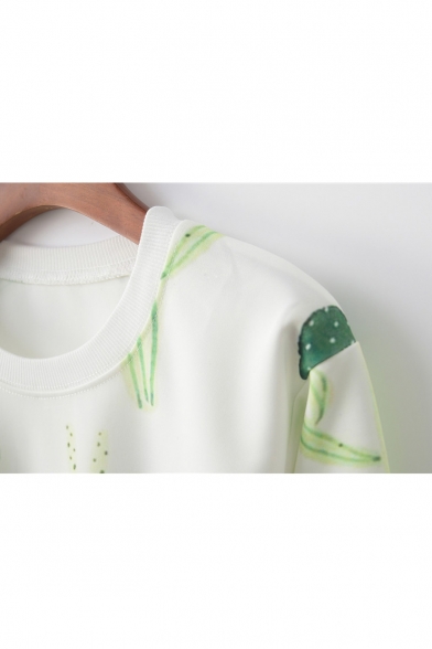 Cactus Print Round Neck Long Sleeve Cropped Sweatshirt