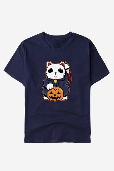 Cat Pumpkin Print Round Neck Short Sleeve Slim T-Shirt