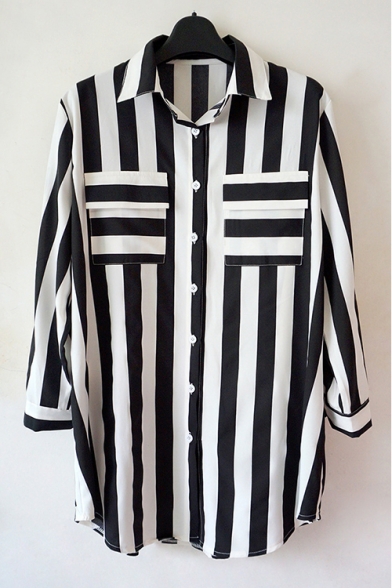 Chic Striped Lapel Collar 3/4 Length Sleeve Button Front Shirt with Double Pockets