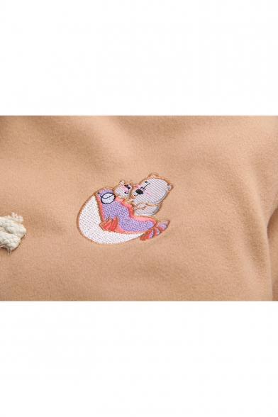 Cute Bear Embroidered Long Sleeve Button Front Plush Lined Hooded Coat