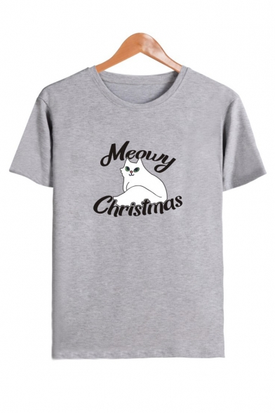 Cute Cartoon Cat Meowy Christmas Letter Print Round Neck Short Sleeve T-Shirt