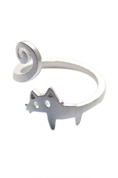 Cute Silver Hollow Out Adjustable Open Front Cat Pattern Ring