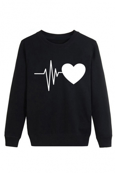 Fashion Heart Print Round Neck Long Sleeve Sweatshirt