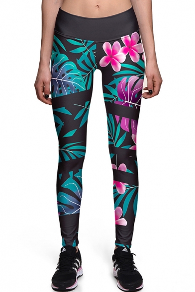 Floral Print Elastic Waist Skinny Yoga Sports Leggings