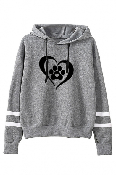Heart Paw Print Contrast Striped Long Sleeve Casual Hoodie
