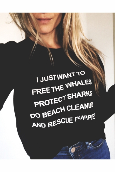 J JUST WANT TO FREE Letter Print Round Neck Long Sleeve Pullover Sweatshirt