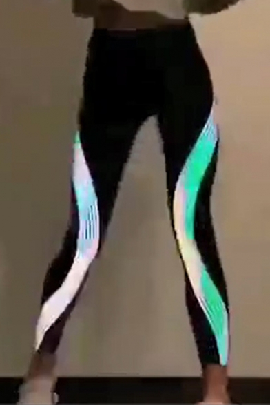 Laser Reflective Striped Elastic Waist Dance Leggings