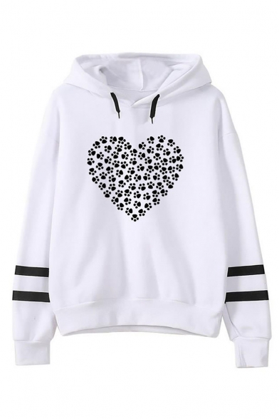 Paw Heart Print Contrast Striped Long Sleeve Casual Hoodie