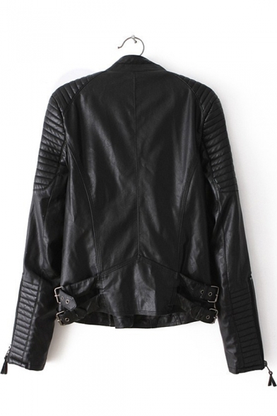 Ribbed Detail Stand Collar Plain Long Sleeve Offset Zipper Leather Jacket