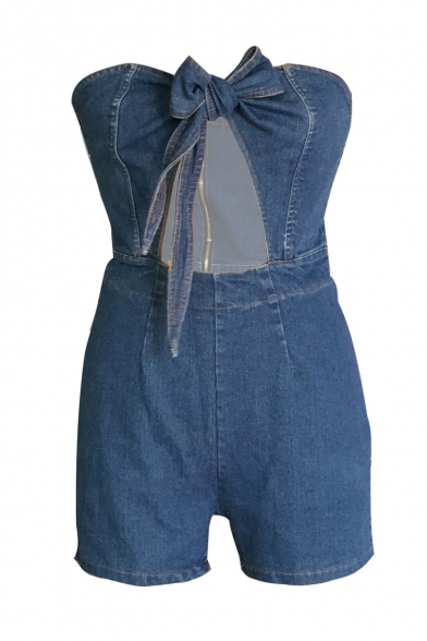 Sexy Sleeveless Strapless Bow Tie Front Hollow Out Zip Up Back Skinny Denim Romper