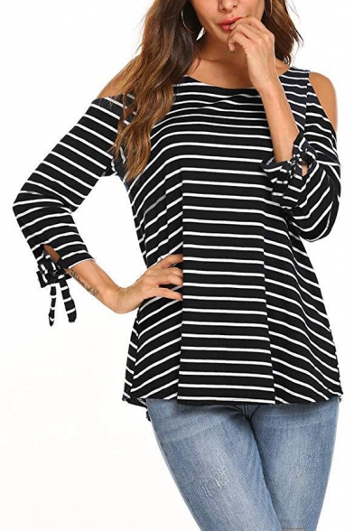Striped Round Neck Cold Shoulder Long Sleeve Knotted Cuffs Loose Tee