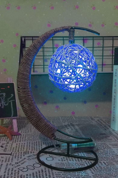 Battery Powered Rattan Ball Pendant Light Moon Shape Desktop LED Light