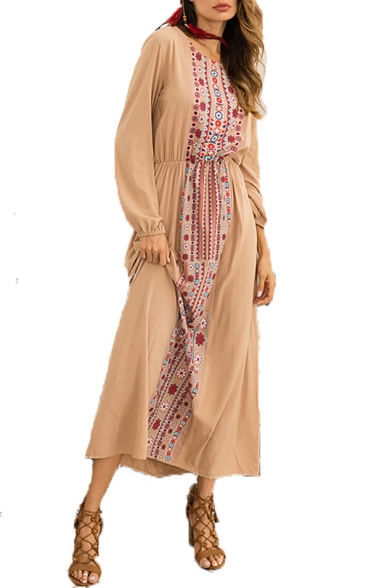 Bohemia Style Floral Round Neck Long Sleeve Maxi A-Line Dress