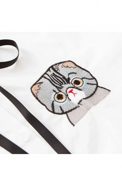 Cat Embroidered Lapel Collar Long Sleeve Button Front Shirt