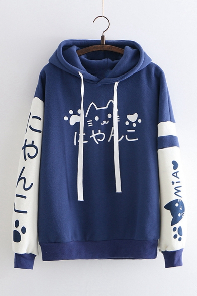 Cat Japanese Pattern Color Block Long Sleeve Casual Hoodie