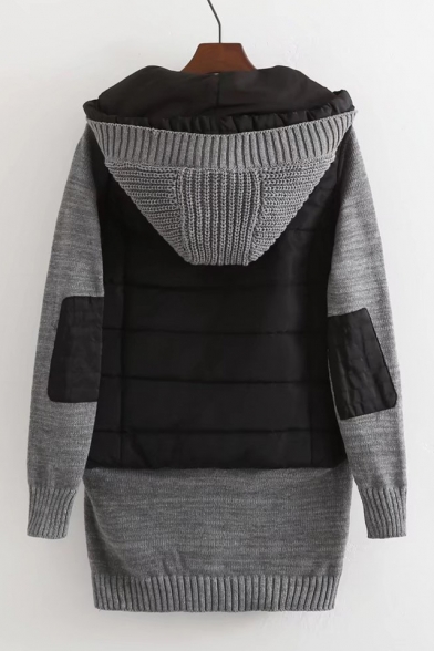 Contrast Vest-Style Layered Patchwork Long Sleeve Hooded Coat