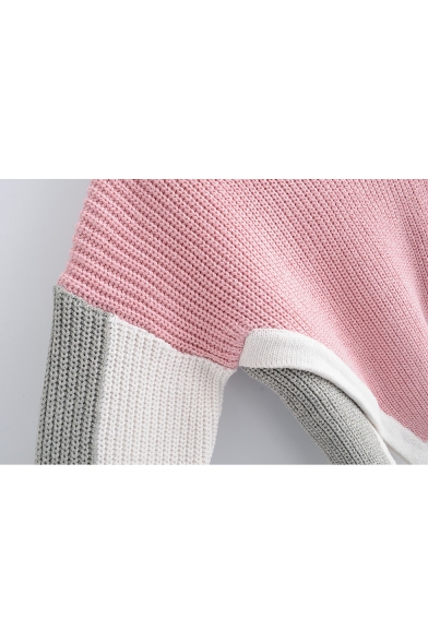 High Collar Color Block Long Sleeve Split Hem Pullover Sweater