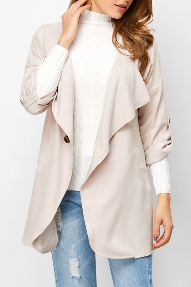 Lapel Collar Long Sleeve Button Front Plain Trench Coat