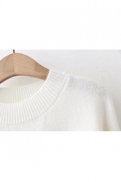 Round Neck Contrast Wave Patch Lantern Sleeve Loose Sweater