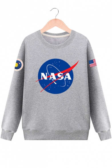 Round Neck Long Sleeve NASA Letter Planet Print Pullover Sweatshirt
