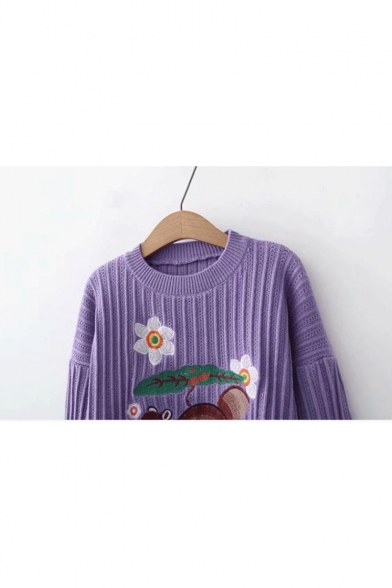 Squirrel Floral Embroidered Round Neck Long Sleeve Sweater
