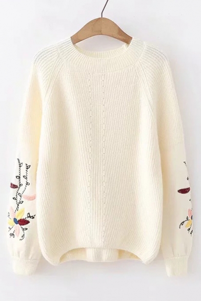 Stylish Floral Embroidered Round Neck Long Sleeve Leisure Sweater