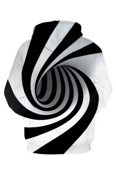 Unique 3D Digital Whirlpool Printed Long Sleeve Black and White Hoodie