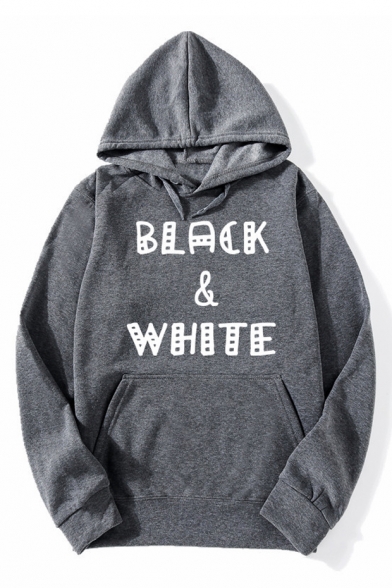 BLACK WHITE Letter Print Long Sleeve Hoodie for Men