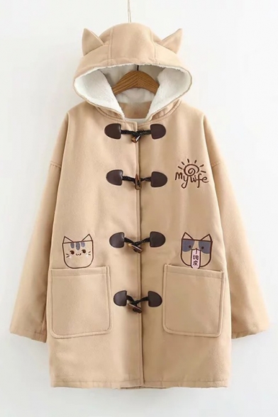 Cat Embroidered Button Front Long Sleeve Hooded Coat