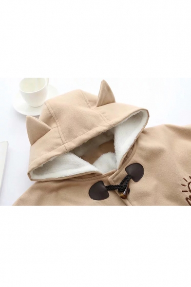 Cat Embroidered Button Front Long Sleeve Hooded Coat