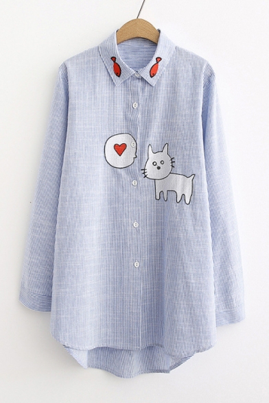 Cat Fish Embroidered Striped Lapel Collar Button Closure Long Sleeve Shirt
