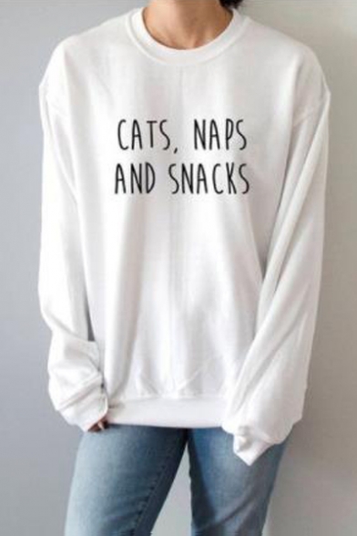 CATS NAPS Letter Print Round Neck Long Sleeve Pullover Sweatshirt