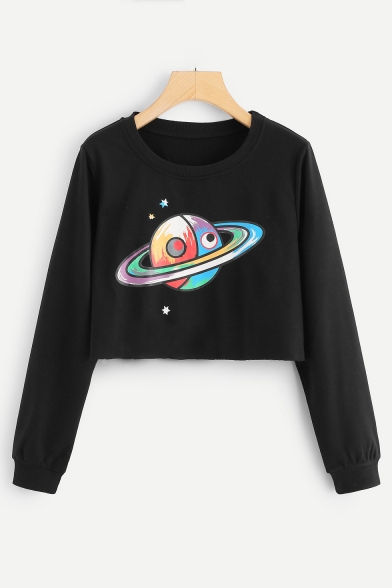 Colorful Drawing Planet Print Round Neck Long Sleeve Cropped Sweatshirt
