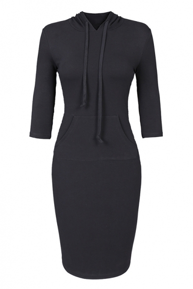 Essential 3/4 Length Sleeve Plain Long Sleeve Hooded Midi Bodycon Dress