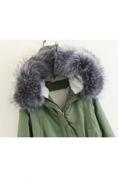 Faux Fur Trim Hood Plain Long Sleeve Zip Up Drawstring Waist Hooded Coat
