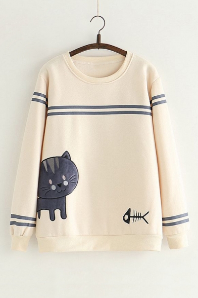 Fish Letter Embroidered Contrast Striped Round Neck Long Sleeve Sweatshirt