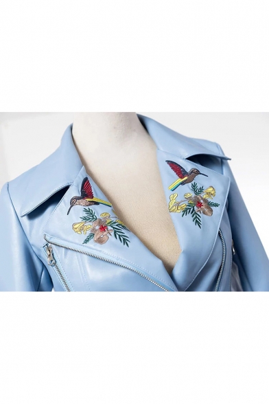 Floral Bird Embroidered Notched Lapel Collar Long Sleeve Offset Zip Closure Cropped Leather Jacket