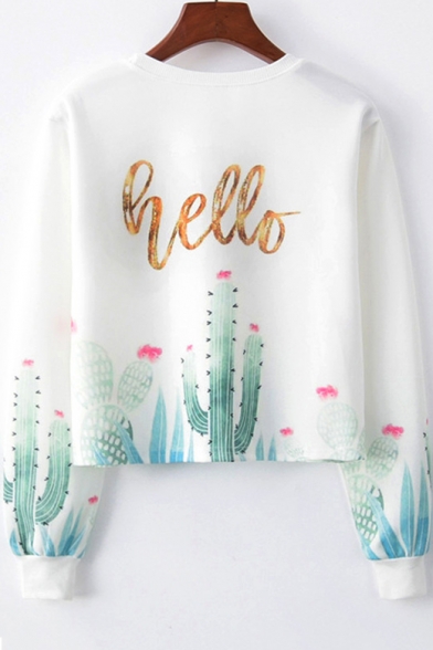 HELLO Letter Cactus Print Round Neck Long Sleeve Sweatshirt