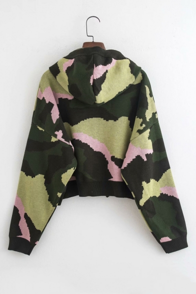 Lace Up Front Camouflage Long Sleeve Knit Hoodie