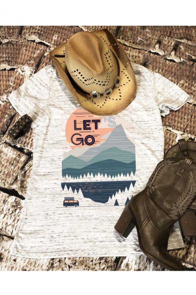 LET'S GO Letter Mountain Print Round Neck Short Sleeve T-Shirt