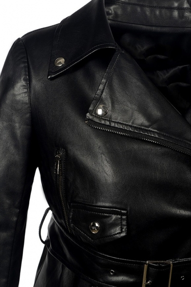 Notched Lapel Collar Long Sleeve Offset Zip Closure Mesh Patchwork Hem Slim Leather Jacket