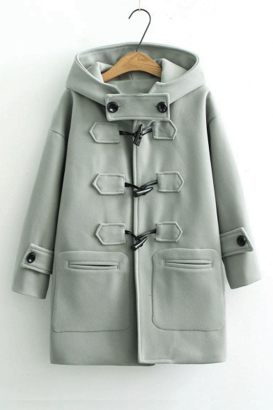 Plain Long Sleeve Hooded Duffle Coat with Throat Guard
