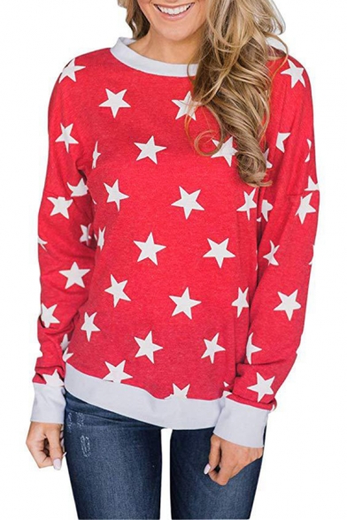 Star All Over Print Contrast Trim Round Neck Long Sleeve Sweatshirt