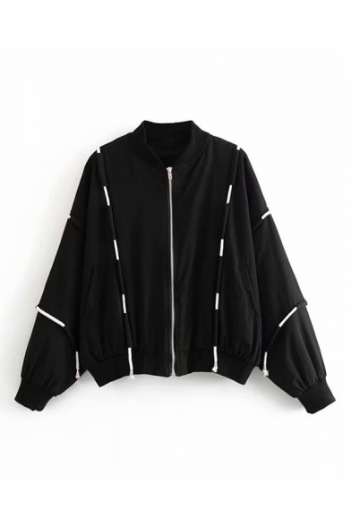 String Detail Stand Collar Long Sleeve Zip Up Jacket