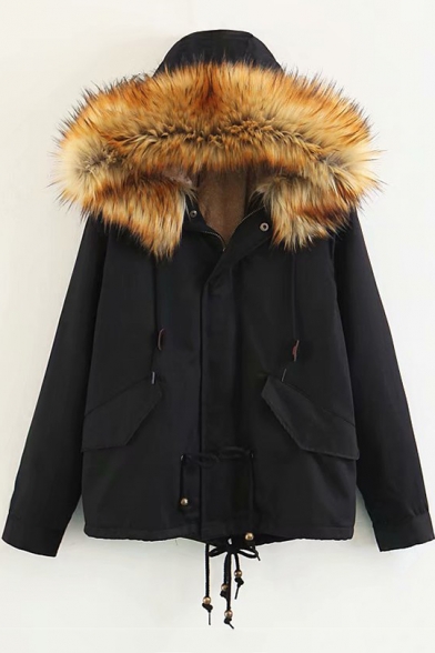 Winter Collection Plain Long Sleeve Faux Fur Trim Hood Zip Up Hooded Jacket