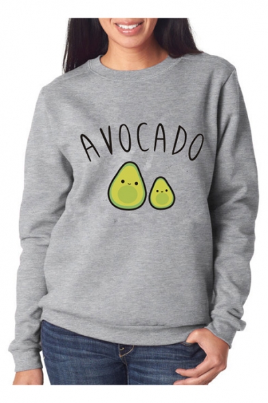 AVOCADO Letter Fruit Print Round Neck Long Sleeve Pullover Sweatshirt