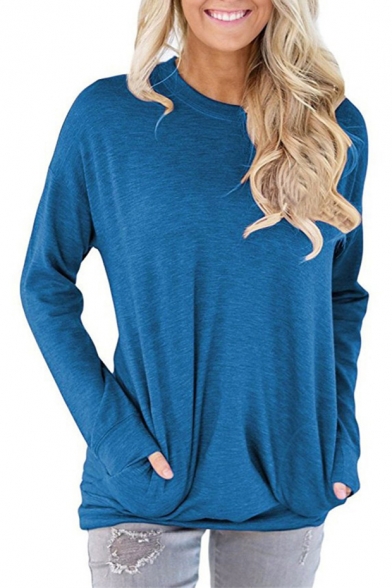 Basic Plain Round Neck Long Sleeve Soft T-Shirt with Pockets
